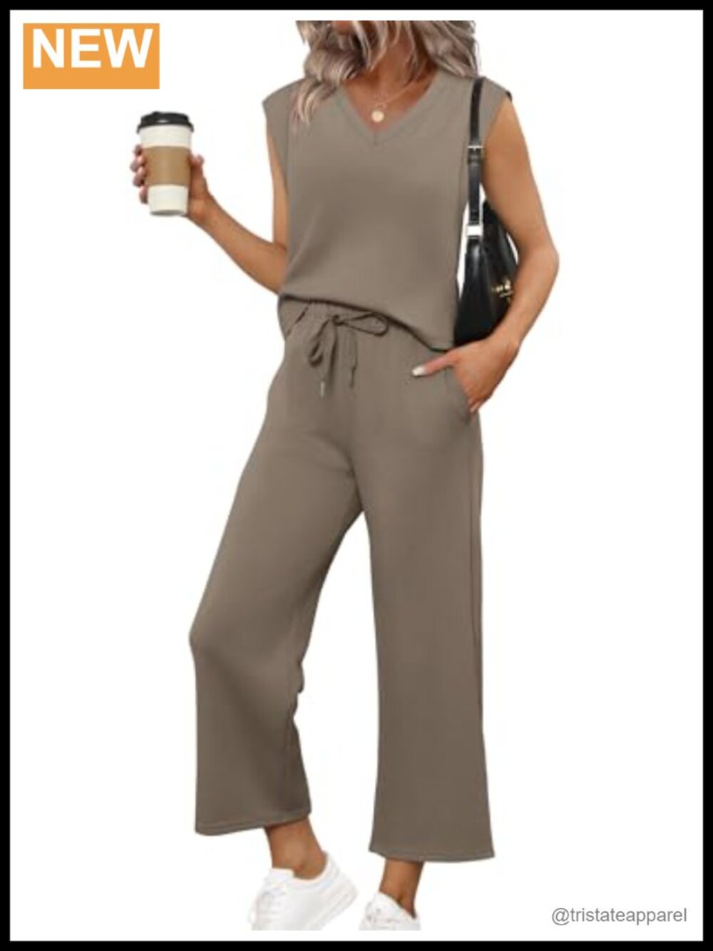 Two Piece Wide Leg Crop Pant Set Cap Sleeve V-Neck Vacation Travel Outfit